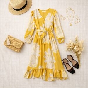 Moonsea Yellow/white Short Sleeve Maxi Poly Dress. 1/4button. Ladies Size Small